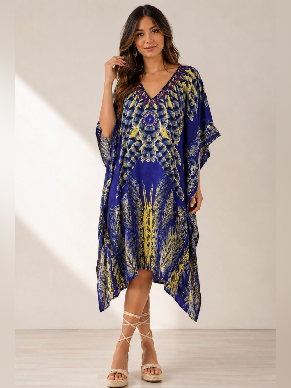 Blue Feather Print Kaftan Cover Up Dress One Size Pockets Boho Resort